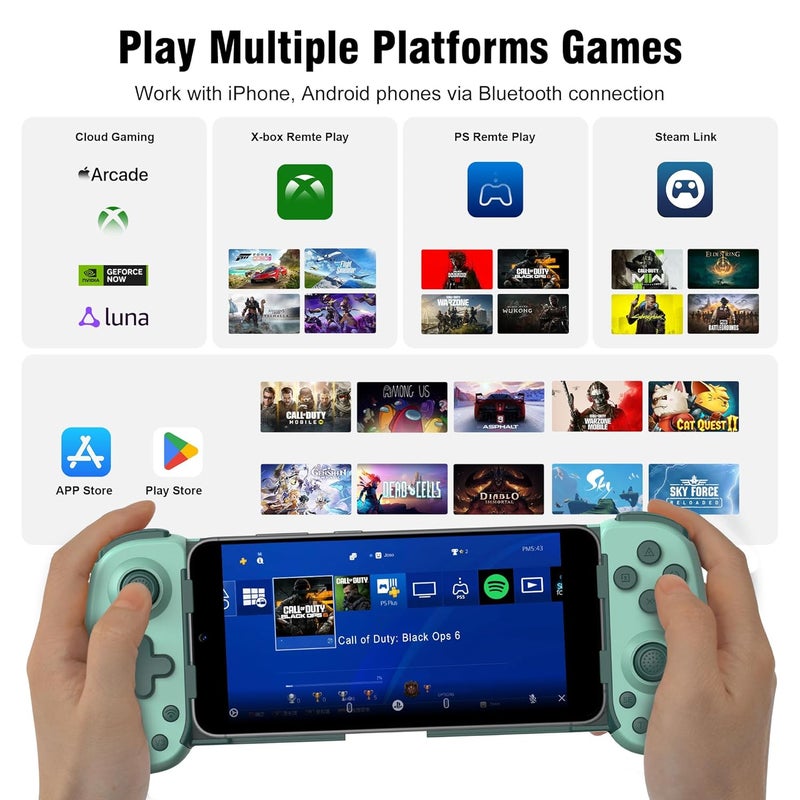 Joso Wireless Phone Controller for iPhone/Android, Mobile Game Controller with Hall Joystick Suitable for Xbox Cloud Gaming, PS Remote Play, Steam Link, Call of Duty & More - Green - Image 2